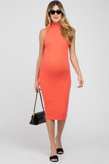 Coral Ribbed Mock Neck Maternity Dress