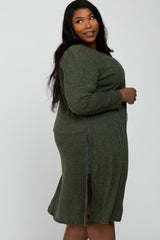 Olive Heathered Ribbed Side Slit Long Plus Cardigan