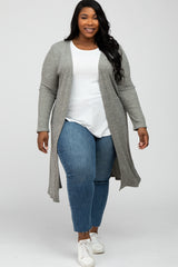 Beige Heathered Ribbed Side Slit Long Plus Maternity Cardigan