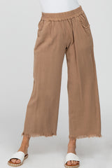 Taupe Linen Frayed Hem Crop Pants