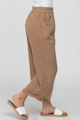 Taupe Linen Frayed Hem Crop Pants