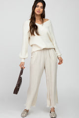 Cream Linen Frayed Hem Crop Pants