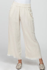 Cream Linen Frayed Hem Crop Pants