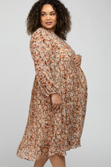 Brown Floral Pleated Skirt Plus Maternity Midi Dress