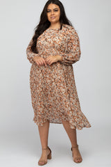 Brown Floral Pleated Skirt Plus Maternity Midi Dress