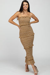 Mustard Leaf Print Smocked Fitted Midi Dress