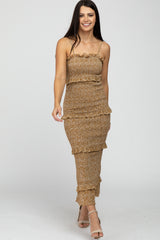 Mustard Leaf Print Smocked Fitted Midi Dress