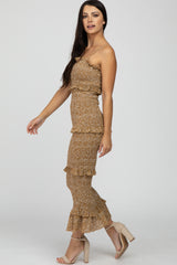 Mustard Leaf Print Smocked Fitted Midi Dress