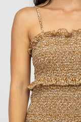 Mustard Leaf Print Smocked Fitted Midi Dress