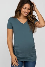 Teal V-Neck Ruched Side Maternity Top