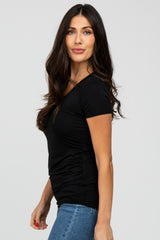 Black V-Neck Ruched Side Top