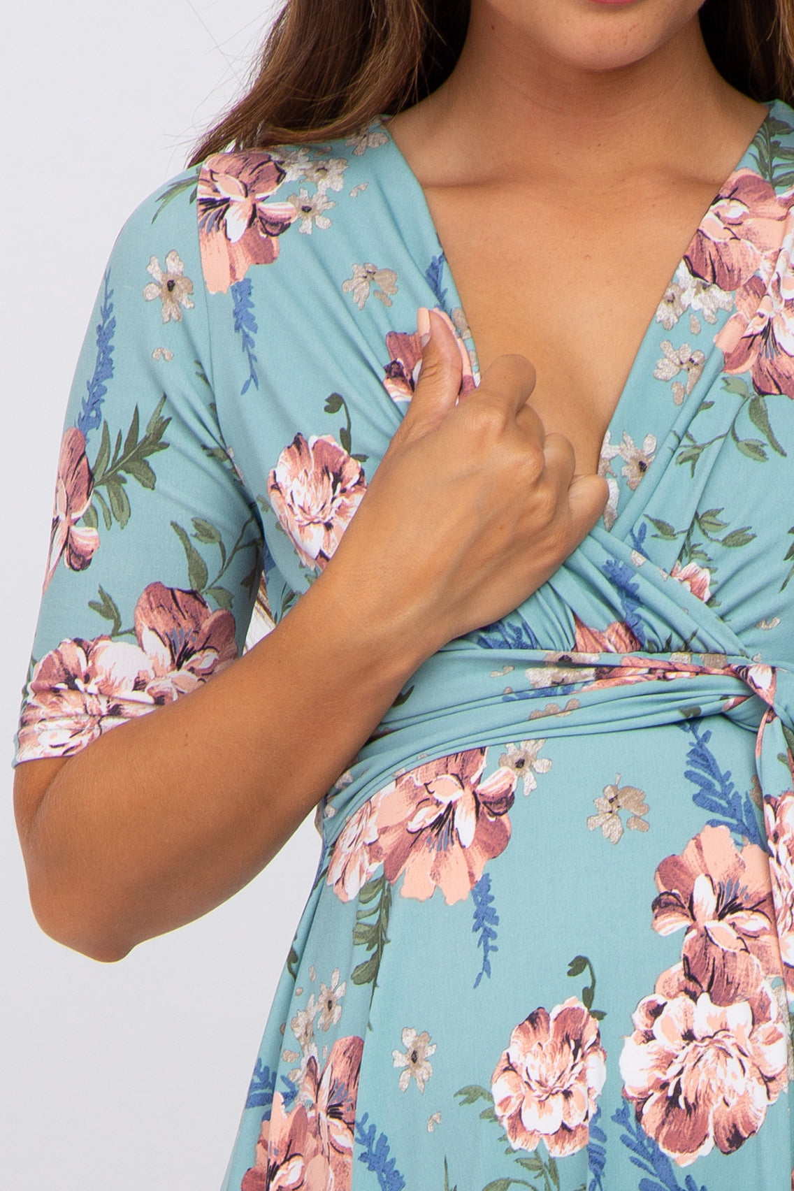 Mint Green Floral Waist Tie Maternity Dress