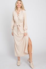 Beige Button Accent Collared Maxi Dress