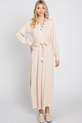 Beige Button Accent Collared Maxi Dress