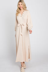 Beige Button Accent Collared Maxi Dress