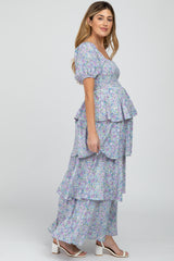 Blue Floral Square Neck Ruffle Layered Maternity Maxi Dress