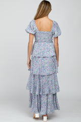 Blue Floral Square Neck Ruffle Layered Maternity Maxi Dress