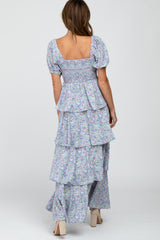 Blue Floral Square Neck Ruffle Layered Maxi Dress