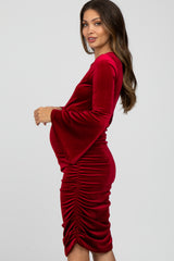 Red Velvet Ruched Bell Sleeve Maternity Dress