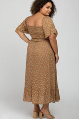 Camel Floral Smocked Square Neck Maternity Plus Midi Dress