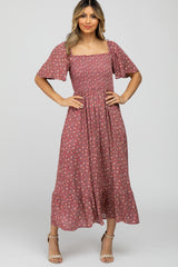 Mauve Floral Smocked Square Neck Midi Dress