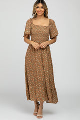 Camel Floral Smocked Square Neck Maternity Midi Dress