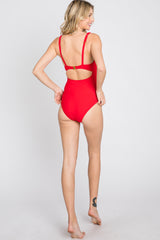 Red Ruched Sides Front Cutout One Piece Swimsuit