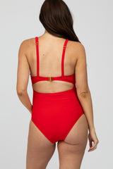 Red Ruched Sides Front Cutout Maternity One Piece Swimsuit