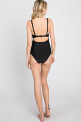 Black Ruched Sides Front Cutout One Piece Swimsuit