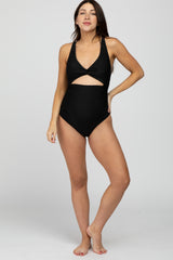 Black Ruched Sides Front Cutout Maternity One Piece Swimsuit