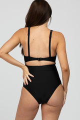 Black Ruched Sides Front Cutout Maternity One Piece Swimsuit