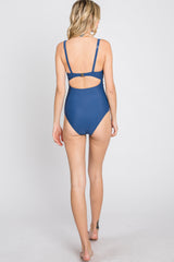 Navy Blue Ruched Sides Front Cutout One Piece Swimsuit