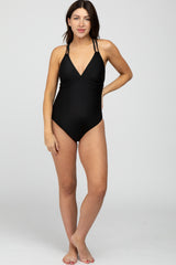 Black Ruched Side Strappy Cross Back Maternity One Piece Swimsuit