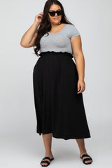 Black Gathered Waist Plus Midi Skirt