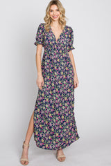 Navy Blue Floral Side Slit Maxi Dress