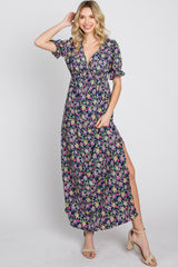 Navy Blue Floral Side Slit Maxi Dress