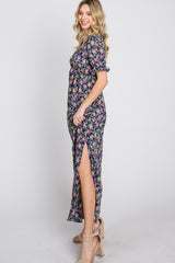 Navy Blue Floral Side Slit Maxi Dress