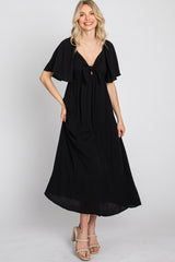 Black Front Tie Ruffle Sleeve Midi Dress