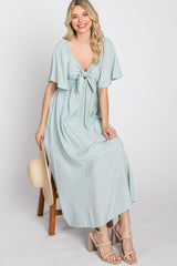 Light Blue Front Tie Ruffle Sleeve Maternity Midi Dress