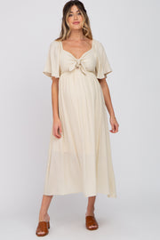 Beige Front Tie Ruffle Sleeve Maternity Midi Dress