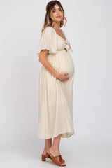 Beige Front Tie Ruffle Sleeve Maternity Midi Dress