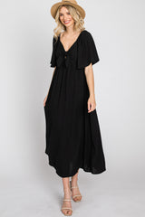 Black Textured Dot Front Tie Ruffle Sleeve Midi Dress