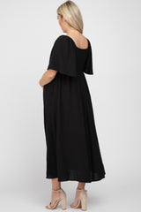 Black Textured Dot Front Tie Ruffle Sleeve Maternity Midi Dress