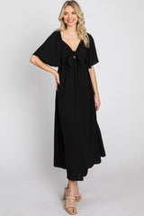 Black Textured Dot Front Tie Ruffle Sleeve Midi Dress