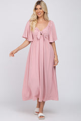 Mauve Textured Dot Front Tie Ruffle Sleeve Midi Dress