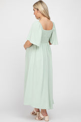 Mint Green Textured Dot Front Tie Ruffle Sleeve Maternity Midi Dress