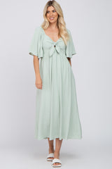 Mint Green Textured Dot Front Tie Ruffle Sleeve Maternity Midi Dress