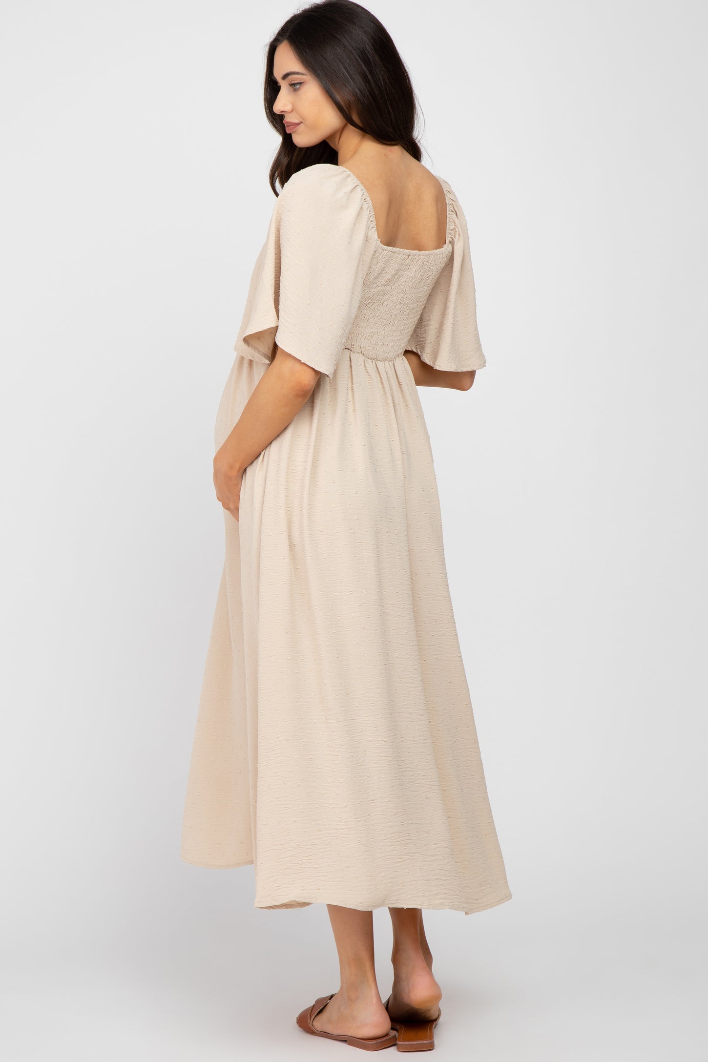 Beige Textured Dot Front Tie Ruffle Sleeve Maternity Midi Dress