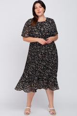 Black Floral Pleated Chiffon Maternity Plus Midi Dress