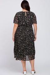 Black Floral Pleated Chiffon Plus Midi Dress